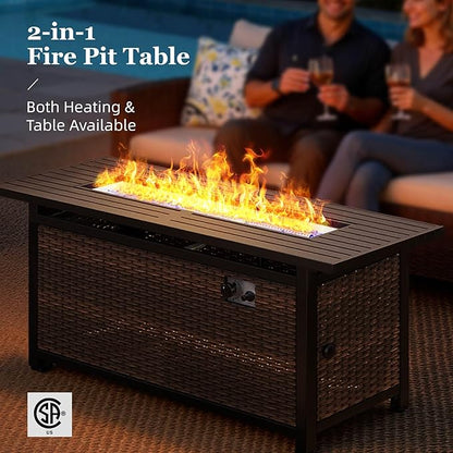 HERA'S HOUSE 8-Piece Outdoor Furniture Set with Fire Pit Table, Patio Conversation Set with 5.5" Thick Cushions & High Back Swivel Chairs, All-Weather Wicker Deep Seating Sofa with Ottomans, Grey