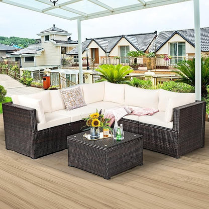 Tangkula 6 Pieces Patio Furniture Set, Outdoor Rattan Sofa Set, Wicker Conversation Set w/Tempered Glass Coffee Table & Cushions, Sectional Sofa Set for Backyard, Garden, Balcony, Poolside (Beige)
