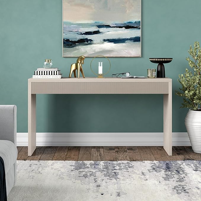 Henn&Hart 55'' Wooden Rectangular Fluted Console Table Entryway Table, Sofa Table for Entryway, Living Room, Couch, Hallway, or Office, Alder White