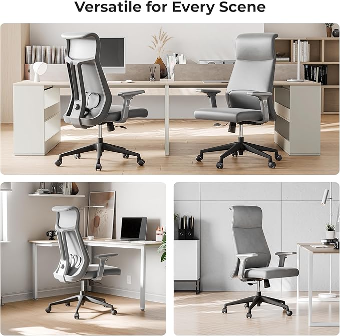 EUREKA ERGONOMIC Valen Leather Desk Chair, High Back Office Chair, Microfiber PU Leather Office Chair with Wheels, Executive Office Chair Comfy for Samll Spaces, Grey