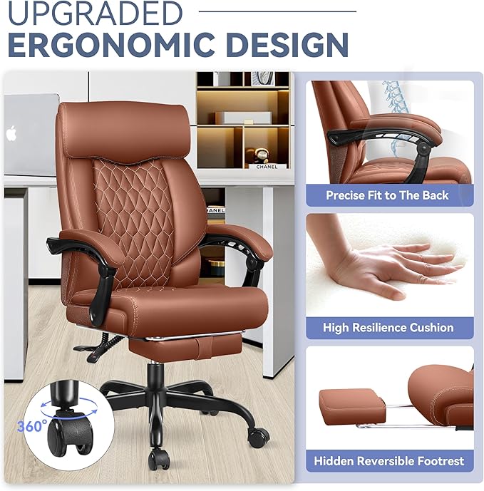 Big and Tall Executive Leather Reclining Office Chair with Footrest and Lumbar Support