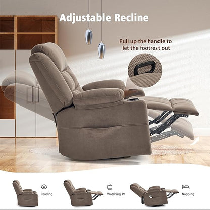 Swivel Rocker Recliner Chair for Adults with Massage and Heat, Cup Holders and Side Pockets, Glider Rocking Reclining Single Sofa Chair for Living Room (Coffee)