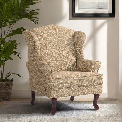 Pia Ricco Paisley High Back Floral Accent Chair, Upholstered Fabric Armchair with Solid Wood Legs - Retro Living Room Reading Chair, Comfortable Single Sofa Seat-Brown