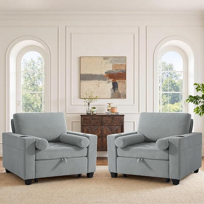 Convertible Sleeper Chair Bed, Comfy Corduroy Single Futon Sofa Chairs with Pull Out Bed, 3-Levels Adjustable Backrest Accent Chair with Side Pockets, Cup Holder & USB Ports for Living Room, Bedroom