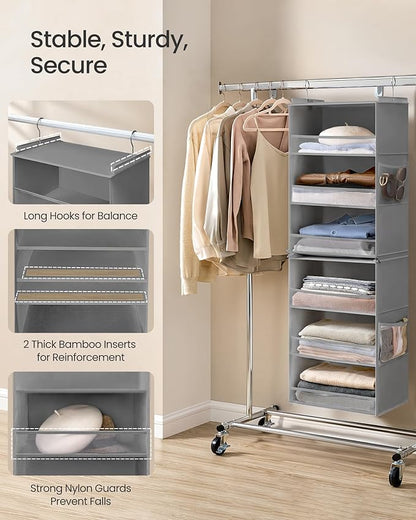 SONGMICS Set of 2 Hanging Closet Organizers, 6-Tier Fabric Storage Shelf, Separable Closet Hanging Shelf with Side Pockets, Foldable, Metal Hooks and Bamboo Inserts, Dove Gray URCH008G01