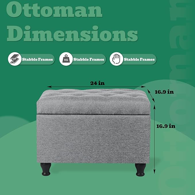 Ottoman with Storage 24'' Storage Ottomans Linen Fabric Ottoman Footstools Small Upholstered Foot Rest Stool for Couch, Living Room, Bedroom, Entrance Shoe Bench Light Grey