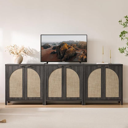 SICOTAS Rattan Sideboard Buffet Cabinet with Storage, Modern Credenza Storage Cabinet with Arch Doors & Adjustable Shelves, Coffee Bar Media Console Cabinets for Kitchen, Living Room, Black Oak