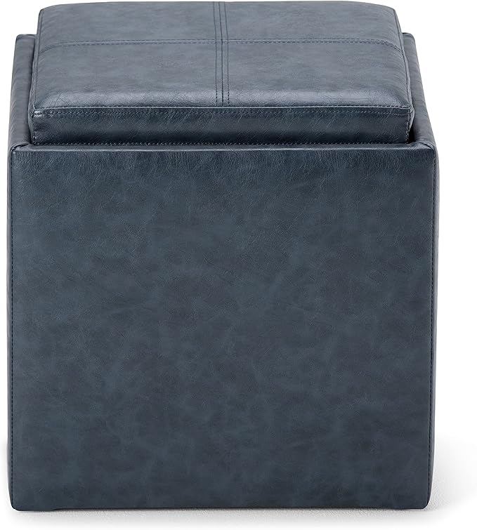 SIMPLIHOME Rockwood 18 inch Wide Contemporary Square Cube Storage Ottoman with Tray in Denim Blue Vegan Faux Leather, Assembled, For the Living Room, Entryway and Family Room