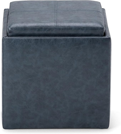 SIMPLIHOME Rockwood 18 inch Wide Contemporary Square Cube Storage Ottoman with Tray in Denim Blue Vegan Faux Leather, Assembled, For the Living Room, Entryway and Family Room