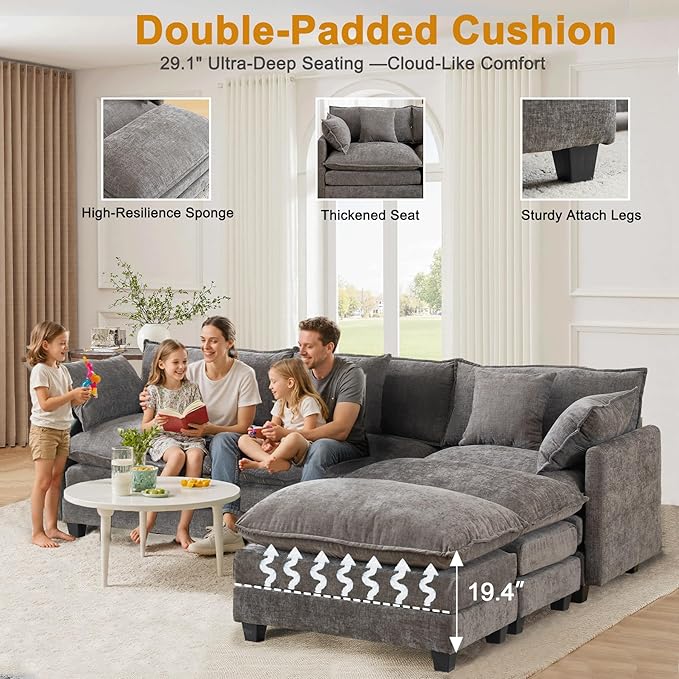 111.4" L-Shaped Cloud Chenille Sectional with Reversible Chaise, Flexible 3+1 Layout for Large Spaces, Deep Seat and Free Pillows Included