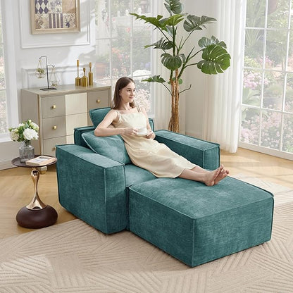 WILLOVE 47'' Single Sofa with Ottoman, Chenille Cloud Couch with Wide Armrests & 3 Pillows, Deep Seat Couches for Living Room, Green