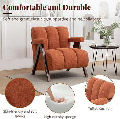 Mid Century Modern Accent Chairs Set of 2 with Solid Wood Frame, Boucle Upholstered Living Room Chairs with Thick Cushion, Comfy Tufted Arm Chair for Bedroom, Orange