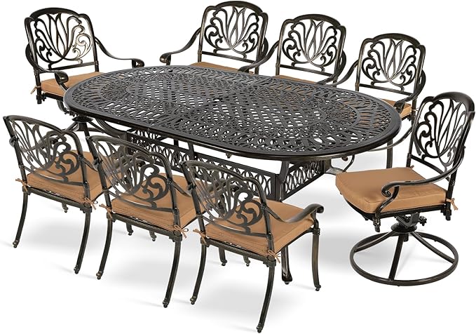 MEETWARM 9-Piece Outdoor Patio Dining Set, All-Weather Cast Aluminum Patio Conversation Set with 2 Swivel Rocker Chairs, 6 Stationary, 1 Oval Table, 8 Cushions, 2" Umbrella Hole