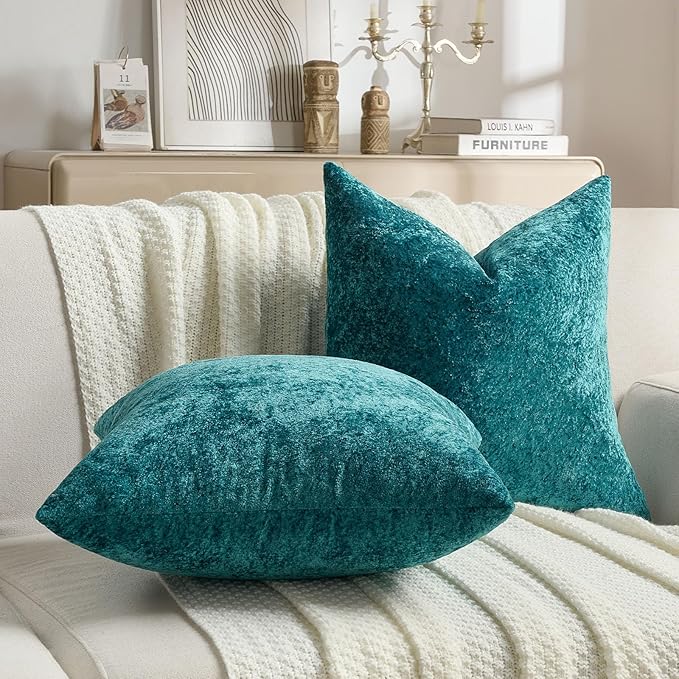 FUTEI Teal Flannel Throw Pillow Covers 24x24 Inch Set of 2,Soft Dimensional Textured European Cushion Cases,Modern Home Decor for Couch Living Room