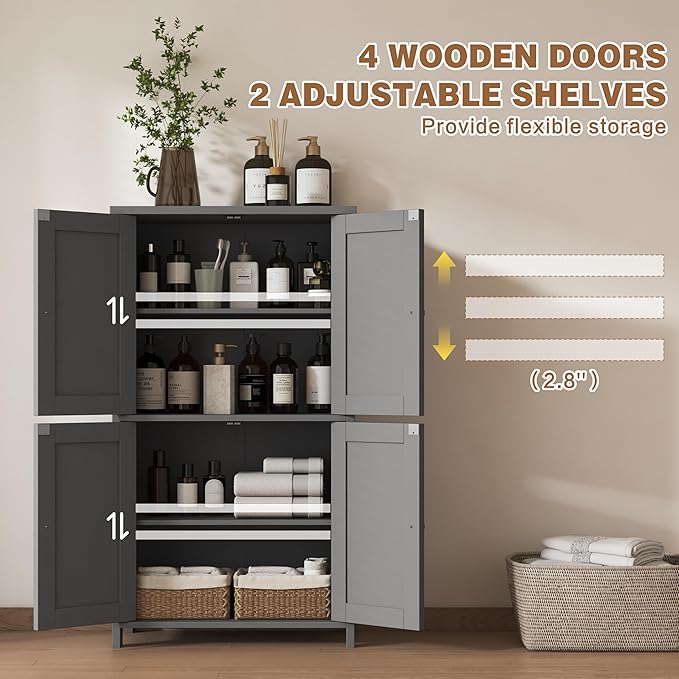 Nuturelly Bathroom Floor Storage Cabinet, Bathroom Organizers and Storage with Top Board & Metal Handles for Kitchen, Grey