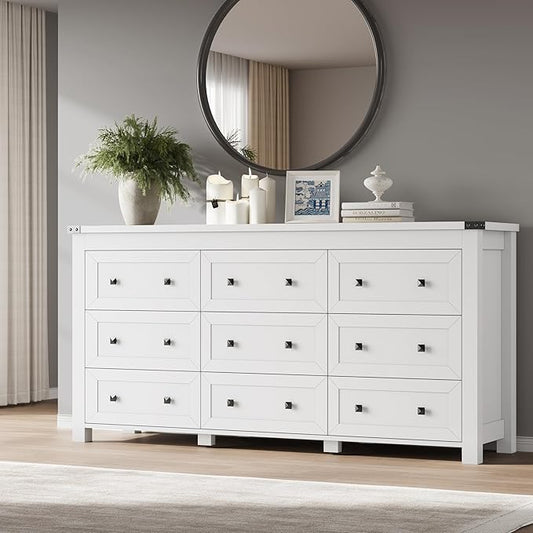 9-Drawer Dresser, Modern Wooden Storage Chest of Drawers, Dresser TV Stand, Wood Drawer Organizer with Metal Handles for Bedroom, Living Room, Hallway