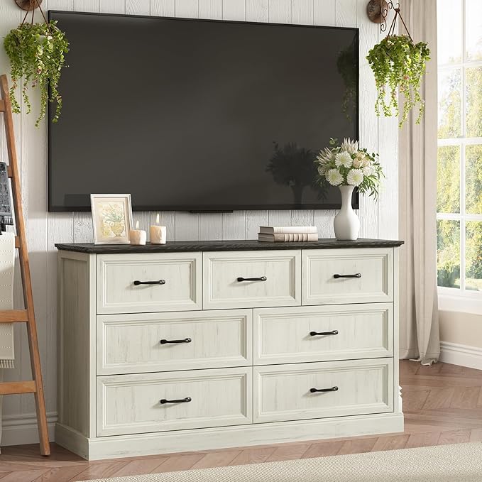 Farmhouse 7 Drawer Dresser for Bedroom, 55 Inch Wide Modern White Dresser TV Stand with Large Drawers & Bar Handles, Rustic Wood Chest of Drawers for Bedroom, Living Room