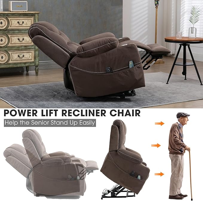 Large Power Lift Recliner Chair Sofa with Massage and Heat for Big and Tall Elderly,Infinite Positions,Single Motor,Cup Holders,and USB Ports,Velvet Home Theater Seat