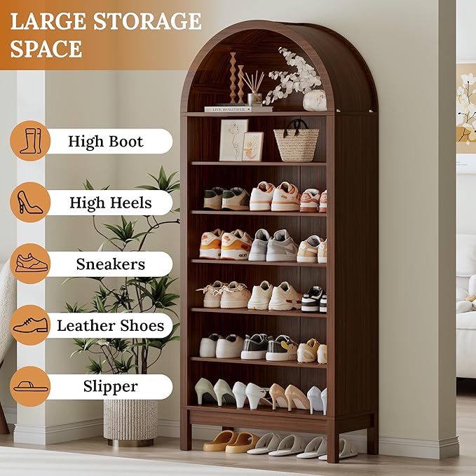 Shoe Cabinet, 70" Tall Arched Shoe Rack with 3 Adjustable Shelves, 7-Tier Large Freestanding Shoe Storage Organizer for Entryway, Closet, Hallway, Living Room