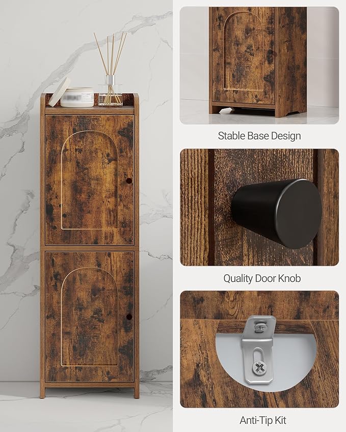 Bathroom Storage Cabinet, Corner Floor Cabinet with 2 Doors and Adjustable Shelf, Narrow Toilet Paper Cabinets, Bathroom Organizer for Small Spaces, 7.9" D x 9.8" W x 29.5" H Rustic Brown
