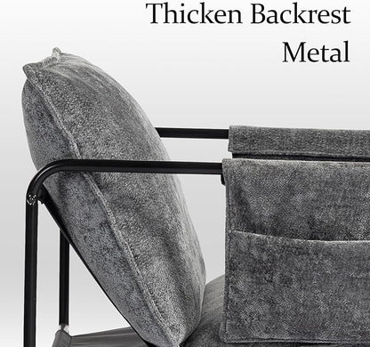 Modern Accent Chair Comfortable Living Room Chairs with Armrests, Bedroom Reading Chair, Chenille Upholstered Lounge Metal Chair