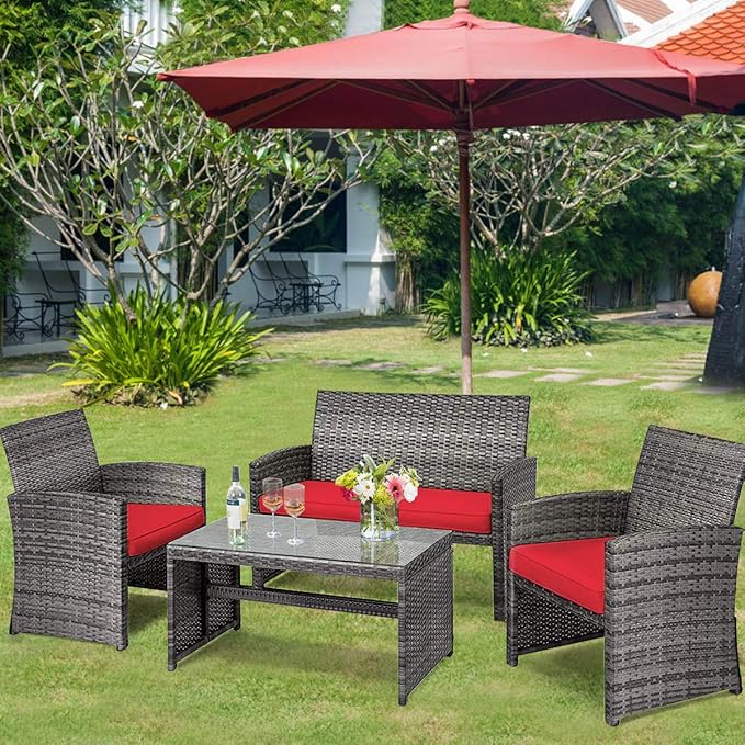 COSTWAY Patio Furniture Set 4 Pieces, Outdoor Wicker Chairs Sofa w/Coffee Table and Soft Cushions, Rattan Conversation Sets for Patio Lawn Backyard Yard Pool Garden, Red