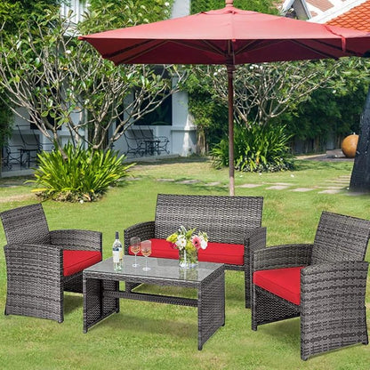 COSTWAY Patio Furniture Set 4 Pieces, Outdoor Wicker Chairs Sofa w/Coffee Table and Soft Cushions, Rattan Conversation Sets for Patio Lawn Backyard Yard Pool Garden, Red