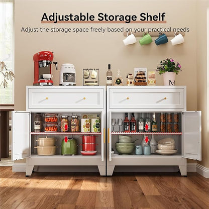 Metal Sideboard Cabinet, Small Pantry Sideboard Cabinets with 2 Doors and Adjustable Shelves, White Metal Buffet Cabinet for Kitchen Dining Room Living Room, Entryway, Bathroom,Office