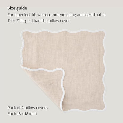 Double Stitch Scalloped Throw Pillow Covers - 100% Cotton Set of 2 Decorative Boho Pillow Covers 18 x 18, Made in India, Square Cushion Case, Modern Home Decor for Couch Sofa Living Room, Oat Milk