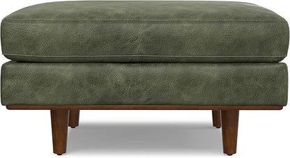 SIMPLIHOME Morrison 33 inch Wide Ottoman in Moss Green Genuine Leather, Multifunctional Footrest, Coffee Table, and Extra Seating for Living Room, Mid-Century Modern Style