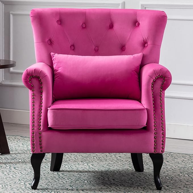 Mid Century Modern Accent Chair Upholstered Armchair Comfy Velvet Fabric Single Sofa with Tufted Wingback for Small Spaces Bedroom Living Room, Hot Pink