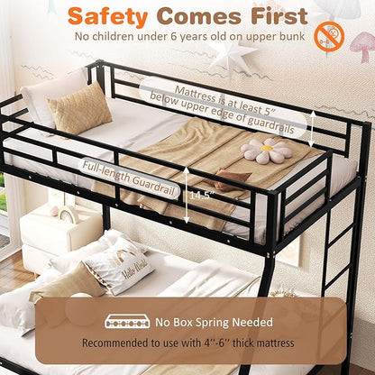 Giantex Metal Bunk Beds Twin Over Full Size, Heavy Duty Loft Bunk Bed with Ladder & Guardrail, Space Saving Bunk Bed for Dorm Apartment, Teens & Adults, Noise-Free, No Box Spring Needed, Black