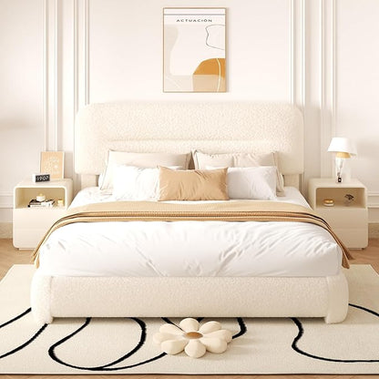 Queen Bed Frame, Cloud Upholstered Boucle Platform Bed with Adjustable Headboard, Anti-Collision Soft Rounded Corners, Noise Free, Easy Assembly, Cream