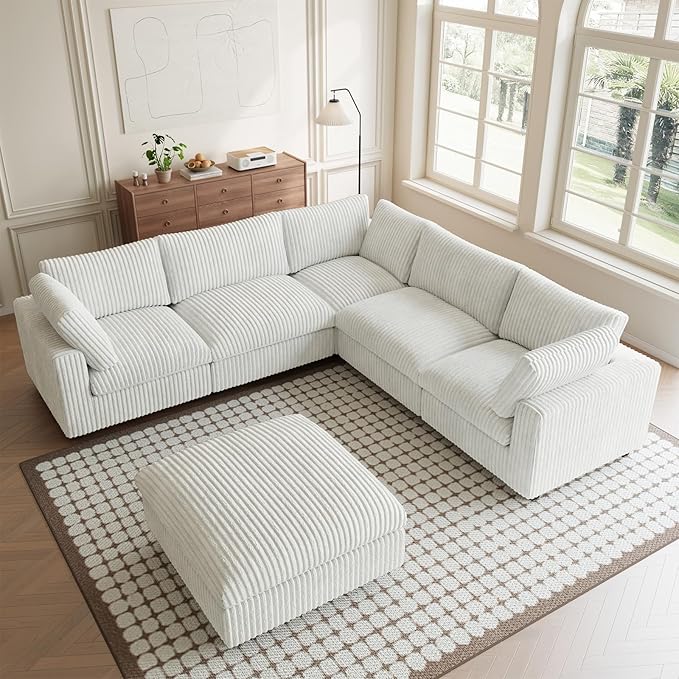 Modular Sectional Sofa, Convertible L Shaped Couch for Living Room, Deep Seat Cloud Sectional Couches, 5 Seat Comfy Modular Sofa, Couch Cushion Covers Removable, Beige