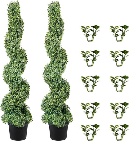 VEVOR Artificial Boxwood Spiral Topiary Trees, 4ft Tall (2 Pieces) Faux Plant Outdoor, All-Year Green Fake Plant with Replaceable Leaves for Decorative/Indoor/Porch/Garden