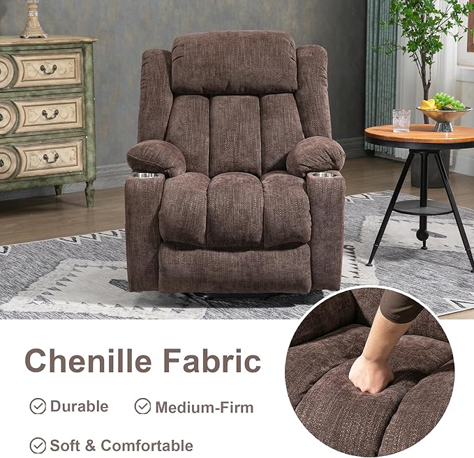 Power Lift Recliner Chair, 350lb Capacity with 8-Point Massage & Heating, USB/Type-C Ports & Cup Holders, Heavy Duty Chenille Recliner for Elderly, Brown