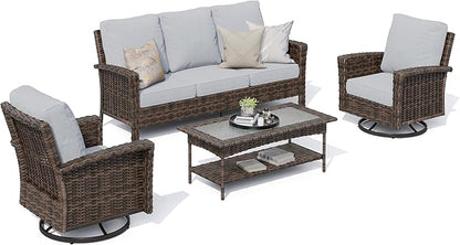 HERA'S HOUSE Gray Patio Furniture Set with High Back Swivel Chairs, Comfy Outdoor Wicker Conversation Sofa Sets with 5.5" Waterproof Cushions for Deck Lawn Backyard