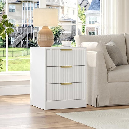3-Piece Modern Bedroom Furniture Set, Wide 8-Drawer Dresser & 3-Drawer Nightstands Set of 2, Natural Wood Dresser and Nightstand Sets for Bedroom, Hallway, White