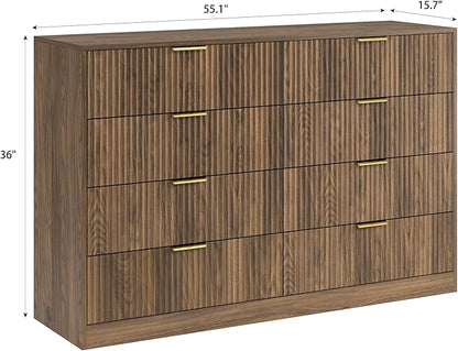 3-Piece Modern Bedroom Furniture Set, Wide 8-Drawer Dresser & 2-Drawer Nightstands Set of 2, Natural Wood Dresser and Nightstand Sets for Bedroom, Hallway, Walnut