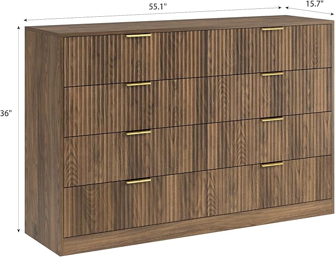3-Piece Modern Bedroom Furniture Set, Wide 8-Drawer Dresser & 3-Drawer Nightstands Set of 2, Natural Wood Dresser and Nightstand Sets for Bedroom, Hallway, Walnut