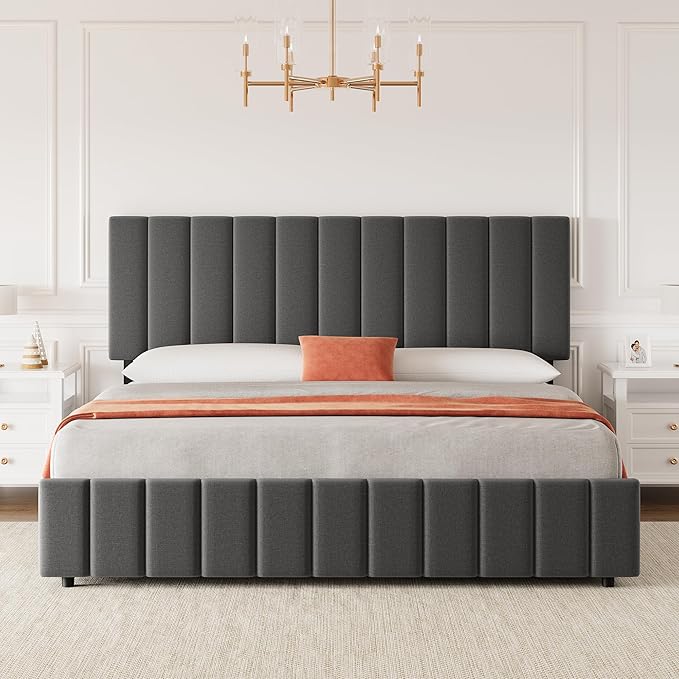 Garvee King Size Bed Frame with 4 Storage Drawers, Adjustable Height Headboard, Linen Upholstered Platform Bed Frame, No Box Spring Needed, Easy Assembly, Grey