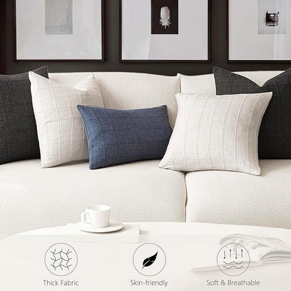 Foindtower Set of 2 Decorative Linen Check Throw Pillow Covers Neutral Farmhouse Vintage Cushion Covers Modern Boho Home Decor for Sofa Chair Couch Bedroom Living Room,18×18 Inch,Cream White