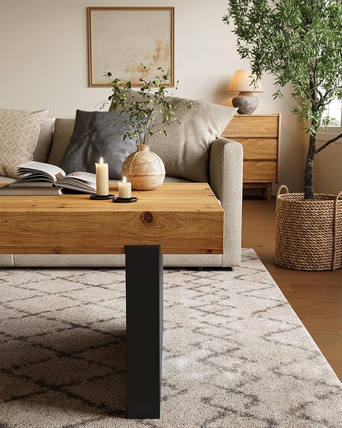 LITTLE TREE Solid Wood Coffee Table, 47.2" Center Table for Living Room, Black and Wood Two-Tone Modern Coffee Table, Rectangle Farmhouse Living Room Table for Bedroom, Easy Assembly, Rustic Natural