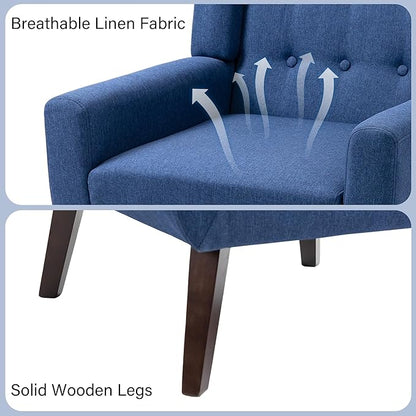 Accent Chair, Mid-Century Modern Fabric Chairs with Arms for Living Room, Comfy Upholstered Club Single Sofa Armchair for Bedroom Waiting Room with Solid Wood Frame (Fabric Navy Blue, Set of 1)