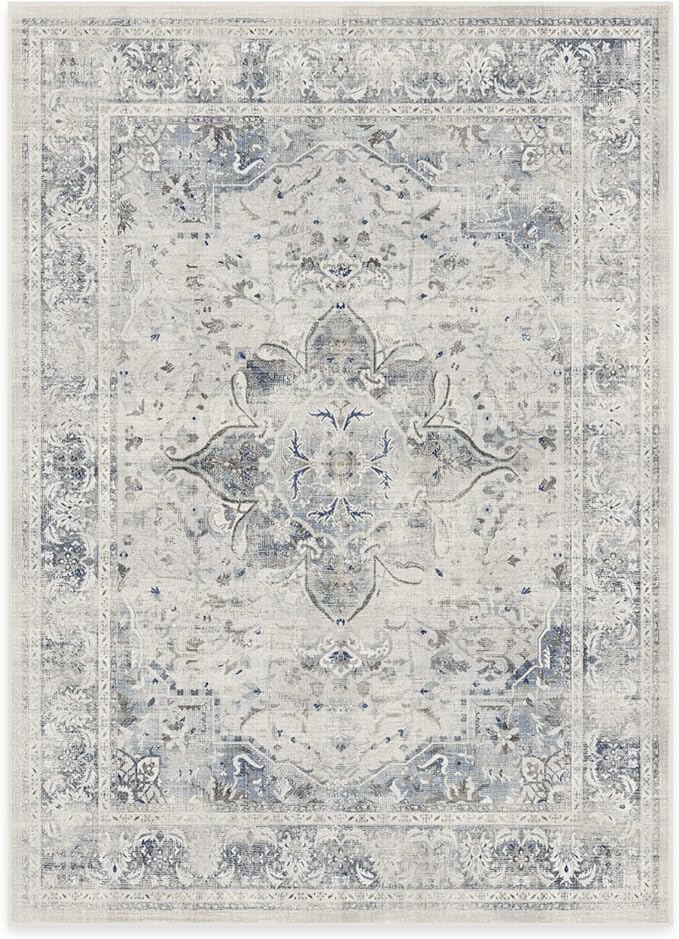 RUGGABLE Washable Vintage Area Rug – Sarrah Blue Quartz 5x7, Stain-Resistant, Non-Slip – Medium Machine Washable Rugs for Living Room, Bedroom, Hallway, Entryway & Office–with Standard Pad