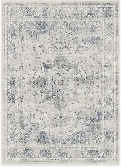 RUGGABLE Washable Vintage Area Rug – Sarrah Blue Quartz 5x7, Stain-Resistant, Non-Slip – Medium Machine Washable Rugs for Living Room, Bedroom, Hallway, Entryway & Office–with Standard Pad