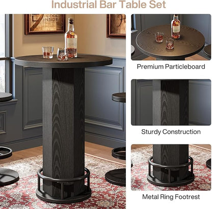 Tribesigns Round Bar Table with Chairs, Industrial Black Bistro Sets with 2 barstools, Small Pub Table with Metal Ring Footrest for Kitchen Nook, Apartment, Small Space