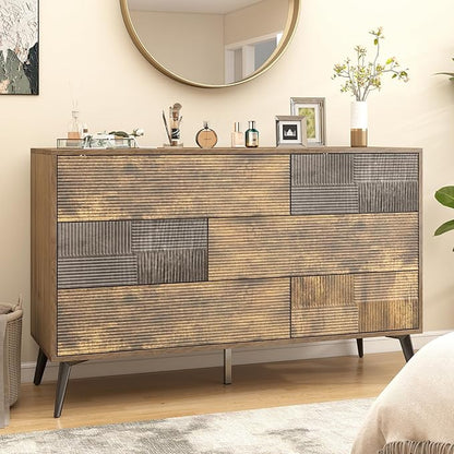 Hadulcet Fluted 6 Drawer Dresser for Bedroom, Modern Chest of Drawers with Push to Open Storage Organizer for Closet, 47” Handleless Wood Dresser TV Stand for Living Room, Entryway Nursery, Dark Wood