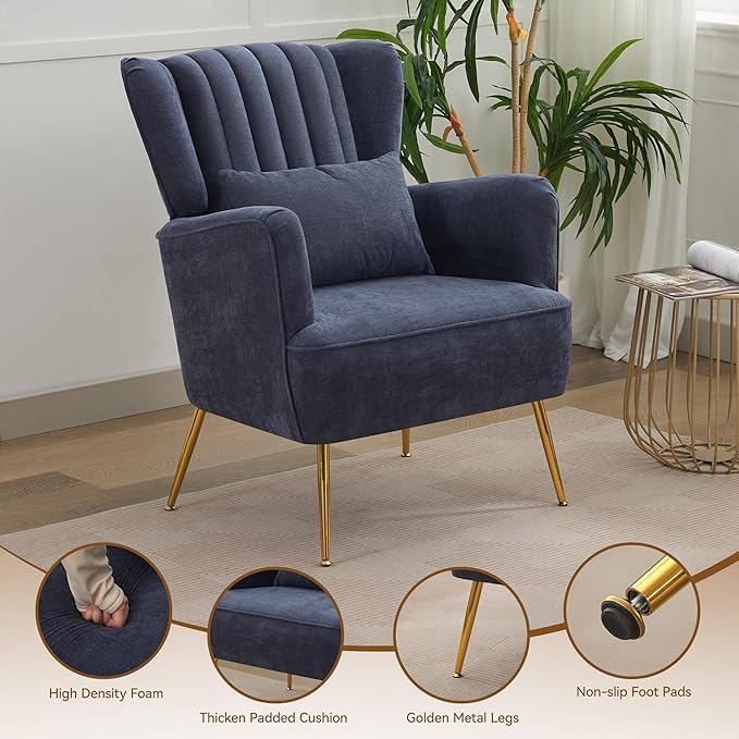 Fabric Accent Living Room Arm Chair with Pillow & Golden Legs, 8.5" Thick Cushion, Mid Century Modern Wingback Chairs Upholstered Comfy Sofa Armchair for Reading Room/Bedroom, Navy