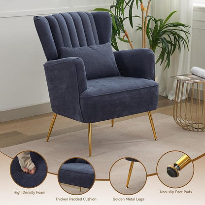 Fabric Accent Living Room Arm Chair with Pillow & Golden Legs, 8.5" Thick Cushion, Mid Century Modern Wingback Chairs Upholstered Comfy Sofa Armchair for Reading Room/Bedroom, Navy